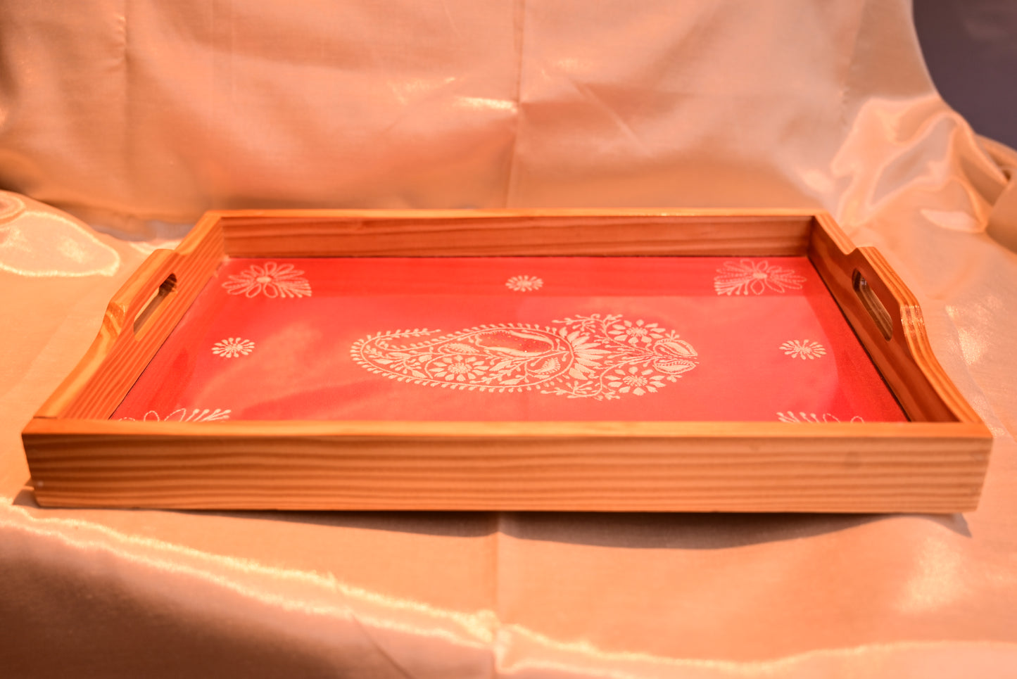 Chikankari Wooden & Glass Tray