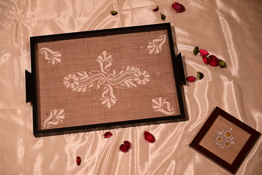 Chikankari Wooden & Glass Tray