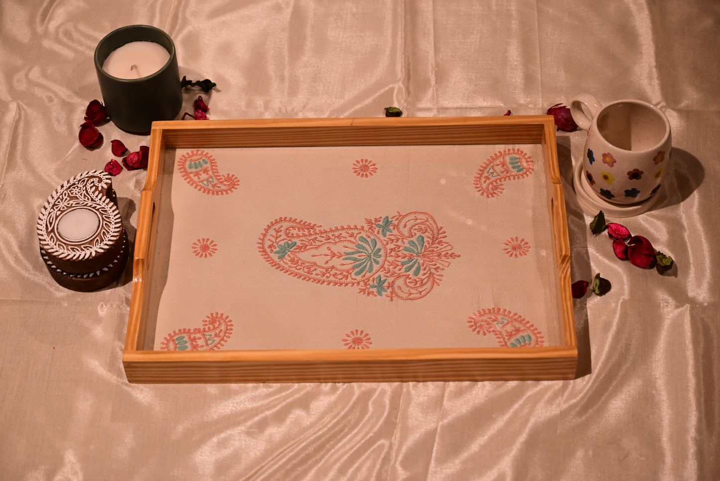 Chikankari Wooden & Glass Tray