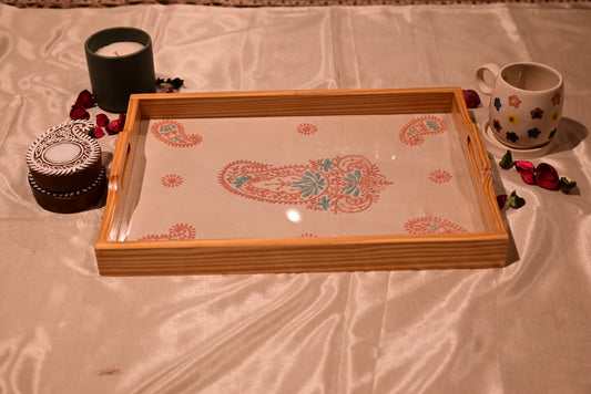 Chikankari Wooden & Glass Tray