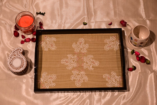 Chikankari Wooden & Glass Tray
