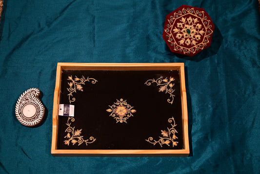 Chikankari Wooden & Glass Tray