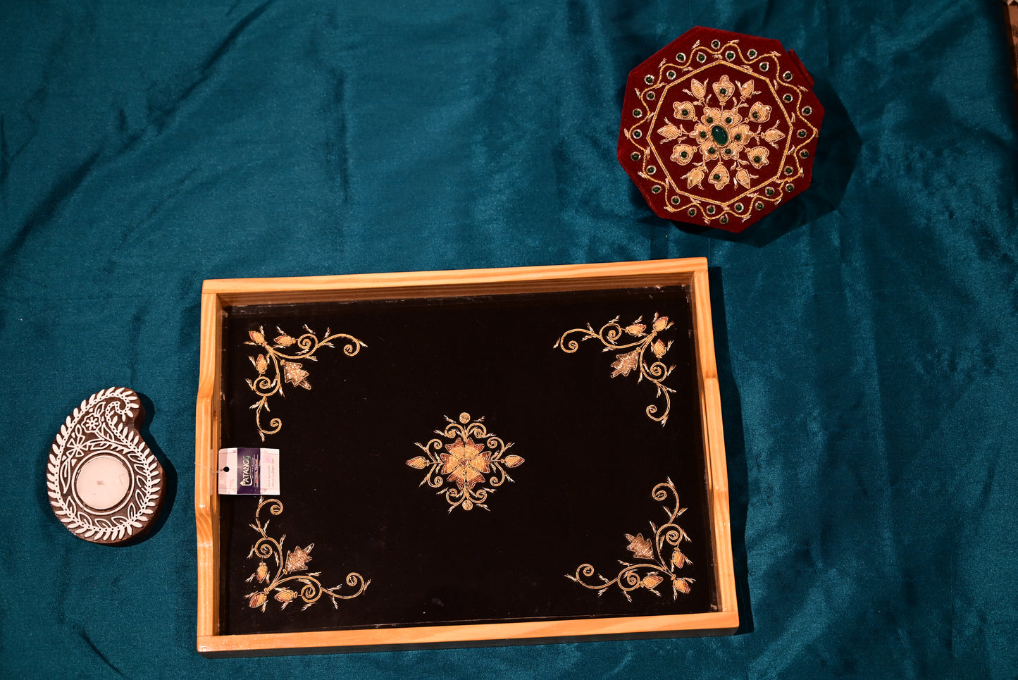 Chikankari Wooden & Glass Tray