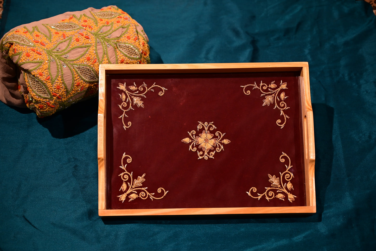 Chikankari Wooden & Glass Tray