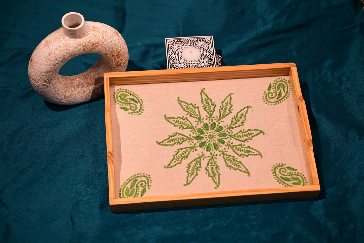 Chikankari wooden& Glass tray