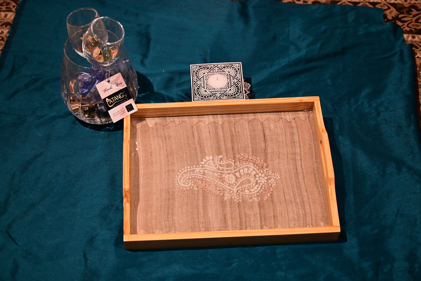 Chikankari wooden& Glass tray