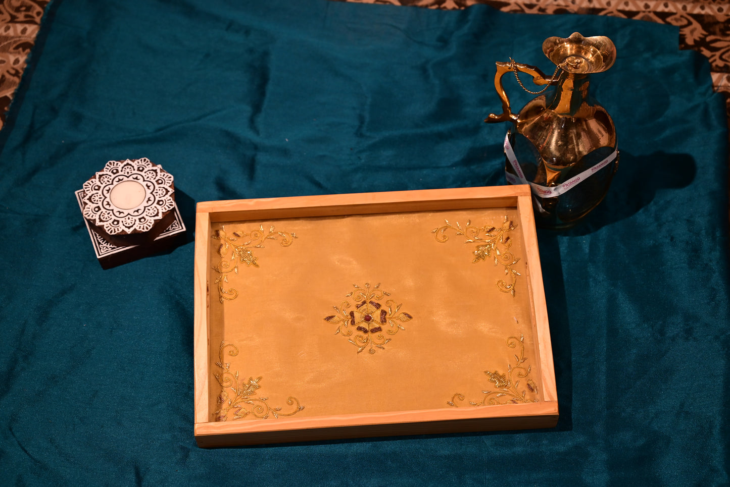 Chikankari Wooden & Glass Tray