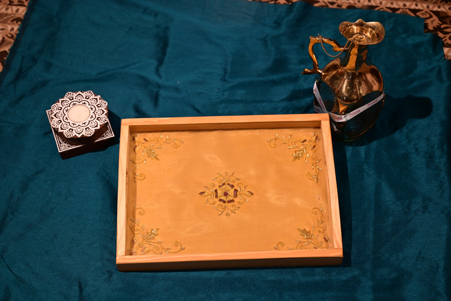 Chikankari Wooden & Glass Tray