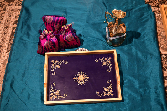 Chikankari Wooden & Glass Tray