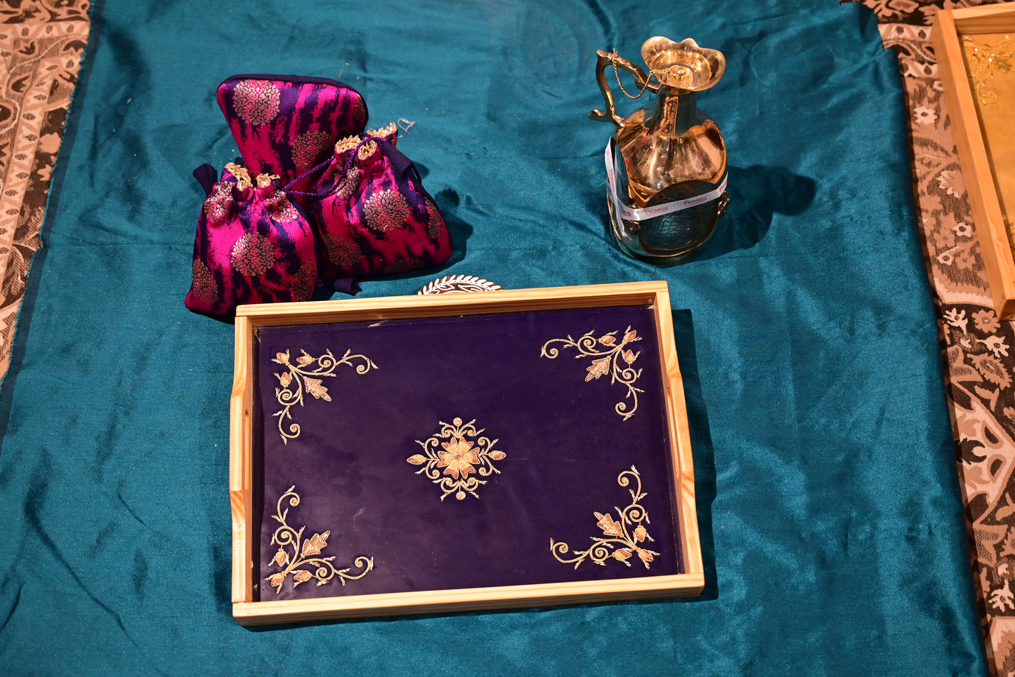 Chikankari Wooden & Glass Tray