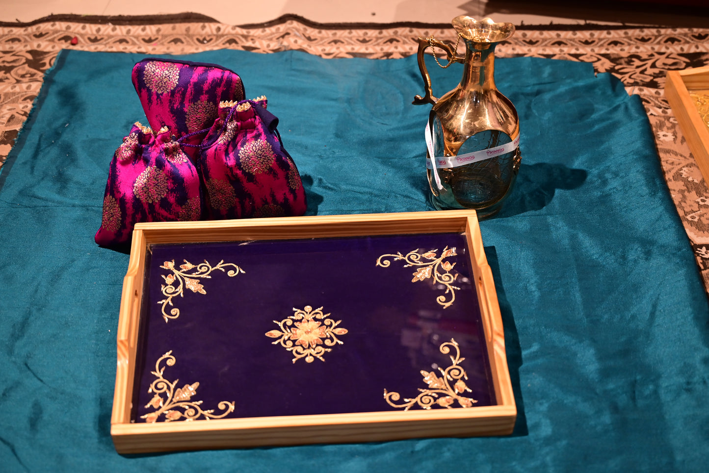 Chikankari Wooden & Glass Tray